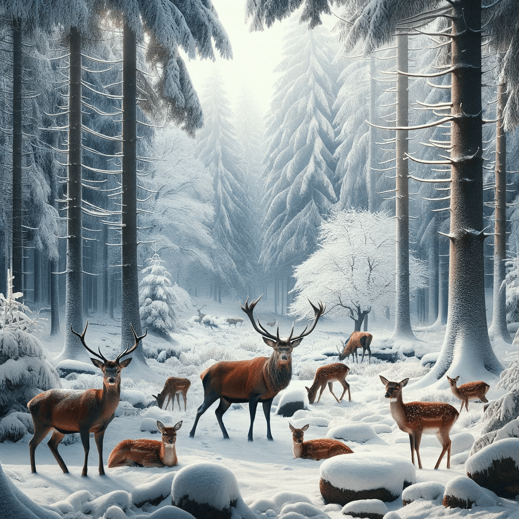 Hirsche im verschneiten Winterwald