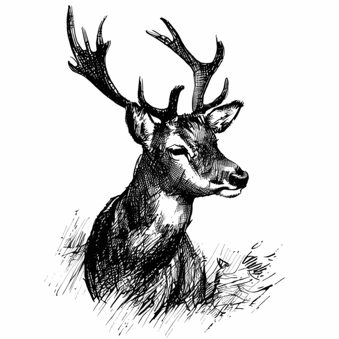 Zeichnung eines Auerhahns in Berglandschaft.