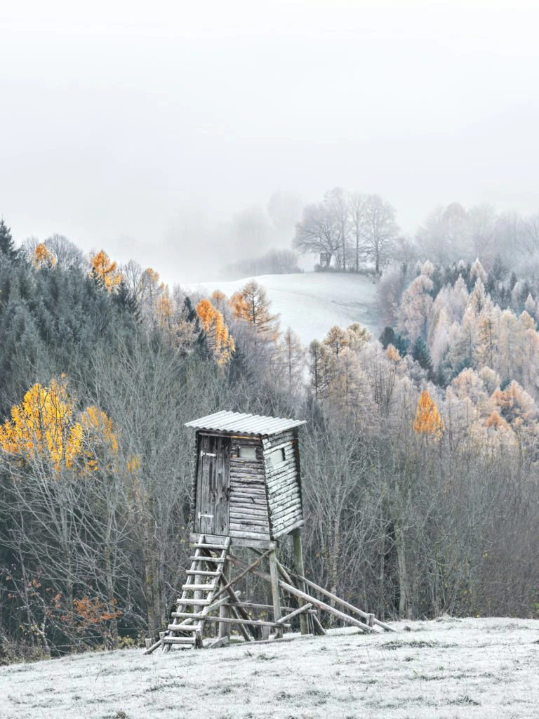 Verlassener Hochsitz in winterlicher Landschaft.