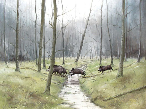 Wilde Tiere im nebligen Waldgemälde